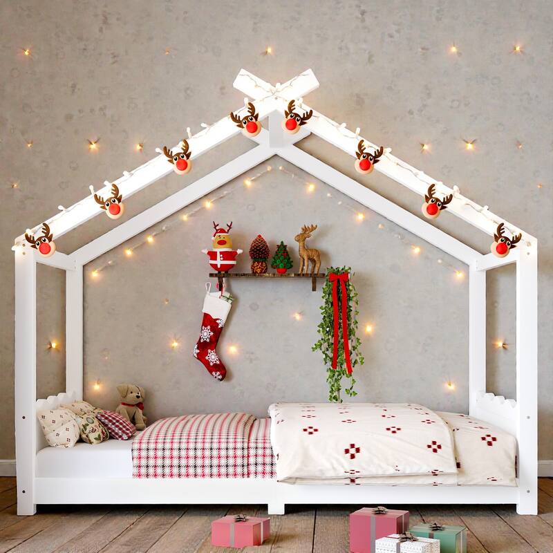 Kids Solid Wood House Floor Bed with Support Slats, Montessori Low Profile Bed, No Box Spring Needed - Light White - Twin