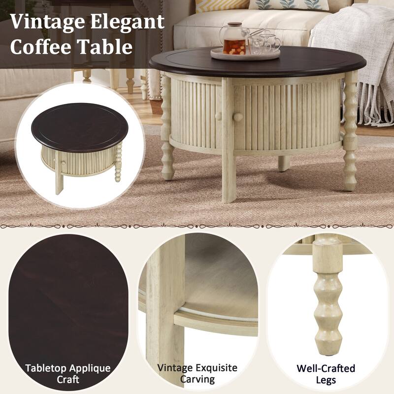 Round Coffee Table End Table with Storage, Vintage Cocktail Table Beige Espresso Center Table with Sliding Door