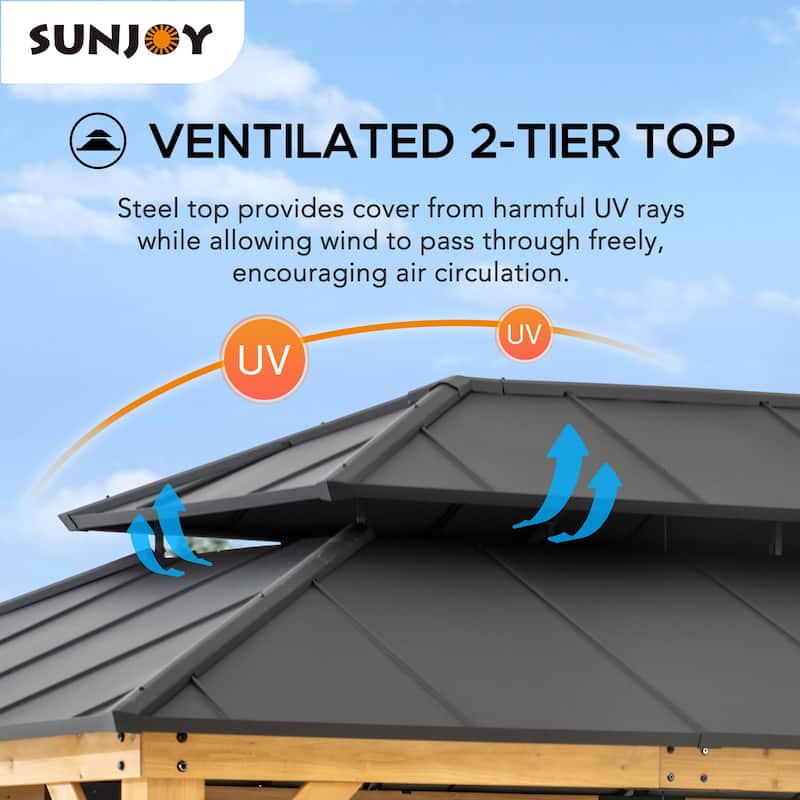 Sunjoy Outdoor Cedar Wood Frame Patio Gazebo Steel Hardtop