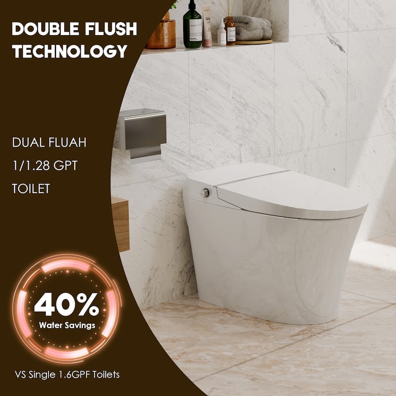 Smart Bidet Toilet Combo - Tankless Dual Flush, Foot Sensor, Self-Cleaning Nozzle, Night Light, Power Outage Flushing