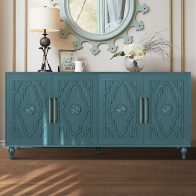 63'' Large Storage Cabinet with Metal Handle, Carved Flower Doors, Wooden Mordern Sideboard Console with Adjustable Shel