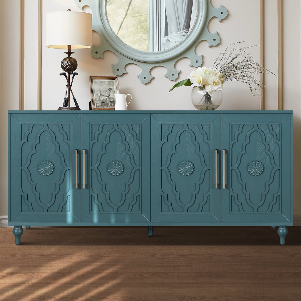 63'' Large Storage Cabinet with Metal Handle, Carved Flower Doors, Wooden Mordern Sideboard Console with Adjustable Shel