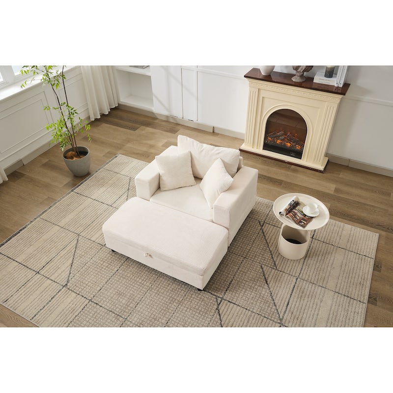 Chaise Lounge Chair with Removable Ottoman, Modern Accent Armchair Corduroy Sleeper Sofa Chair with Pillows for Living Room