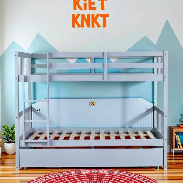 slide 2 of 14, Stylish Full Over Full Rubber Wood Bunk Bed with Trundle, Ladder and Guardrails, Convertible to 2 Full Size Beds Light Grey