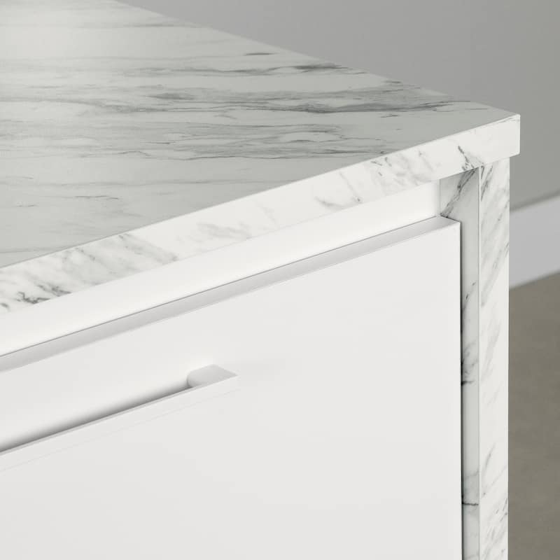 Compact Kitchen Island with White Faux Marble Top, 4 Drawers, Adjustable Shelves, and Seating Space for Two