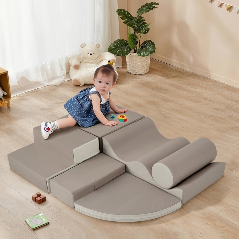 Soft Climb and Crawl Foam Playset 6 in 1, Kids Crawling and Climbing - Brown