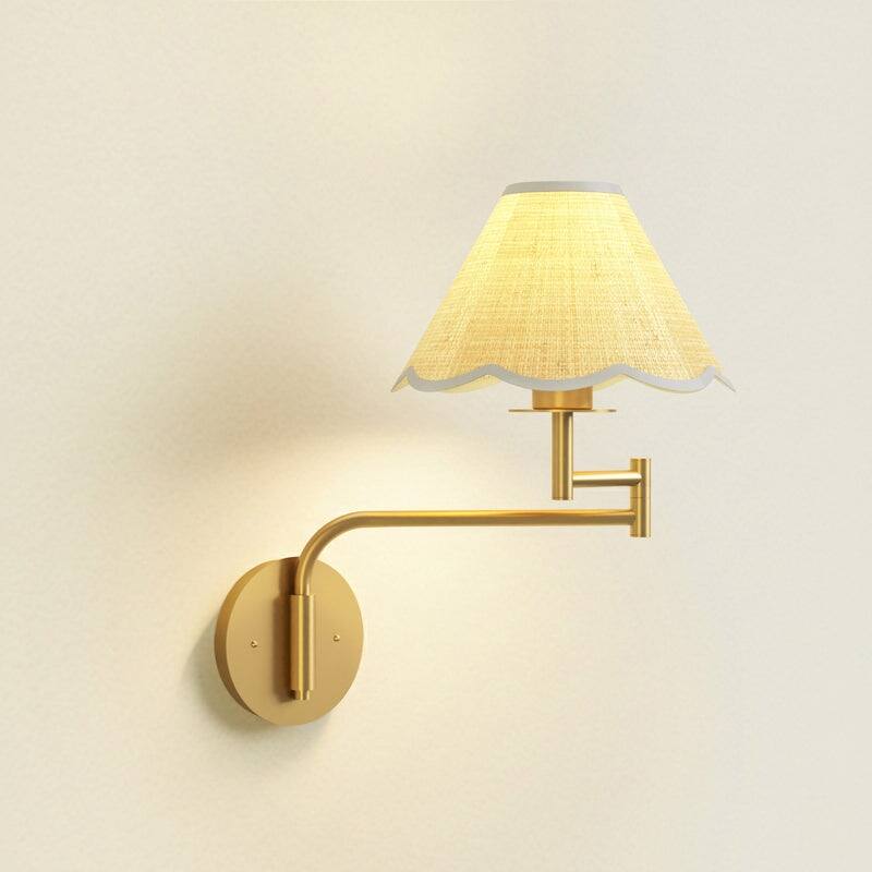 Rowabi Naia Rattan Sconce Metal, Raffia & Natural Beige, Gold 1-Light Handwoven Wall Sconce for Bedroom, Hallway in Modern Style - Clamp Cone Raffia Shade