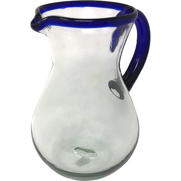 Dos Suenos Mexican Hand Blown Glass Pitcher - Cobalt Blue Rim and ...