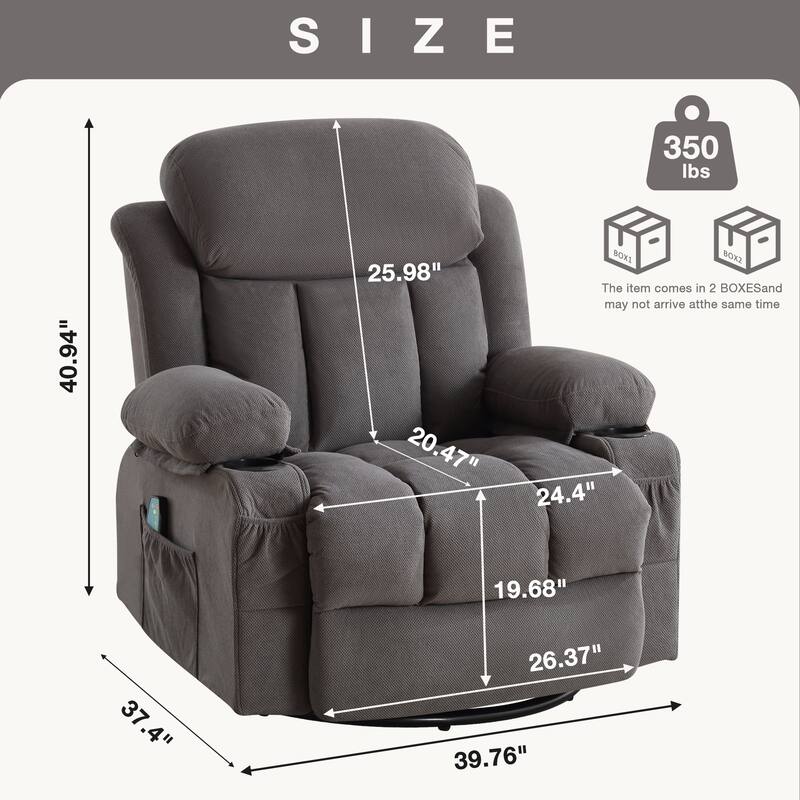 Swinging Recliner Massage Heated Sofa with USB, Cup Holders, Side Pockets, Eight Acupoint Massage