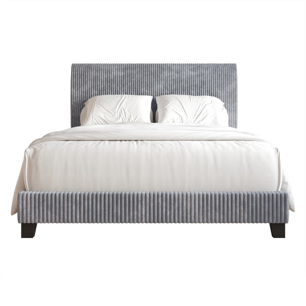 CraftPorch Corduroy 4-pieces Mid-Century Modern Grey Bed with Dark Grey Furniture Bedroom Set