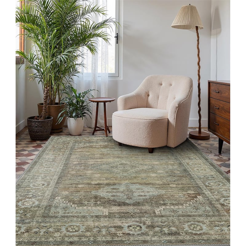 Mcow Sage Green Boho Pattern Ultra-Thin Low-Pile Washable Non-Slip Area Rug - 5' x 7' - Sage Green - Rectangle