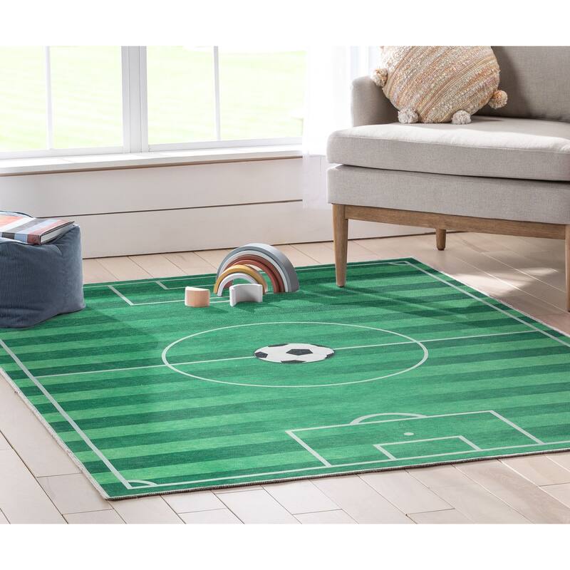 Well Woven Kids Rugs Soccer Field Modern Machine Washable Area Rug