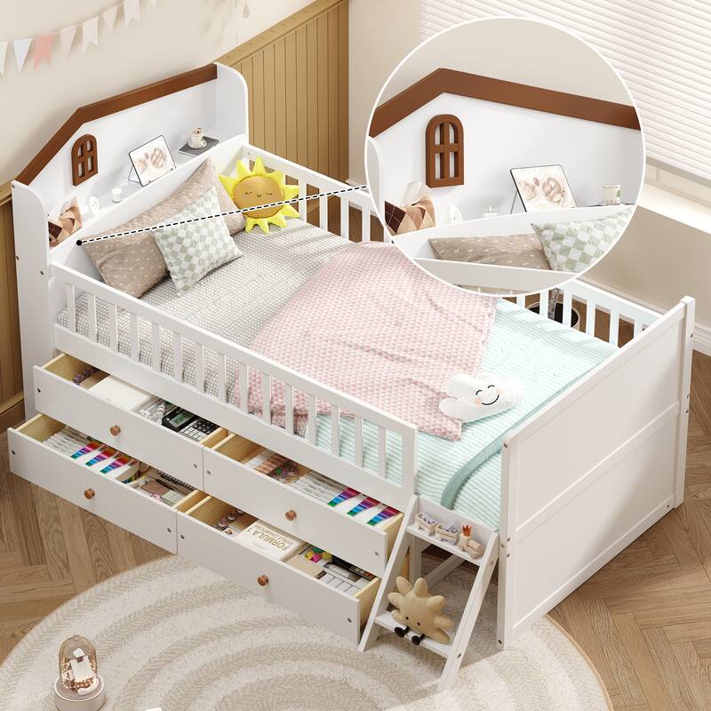 Twin Size Platform Bed Frame with 4 Storage Drawers & Guardrail Headboard for Bedroom, Wooden Kids Storage Bed with Ladder