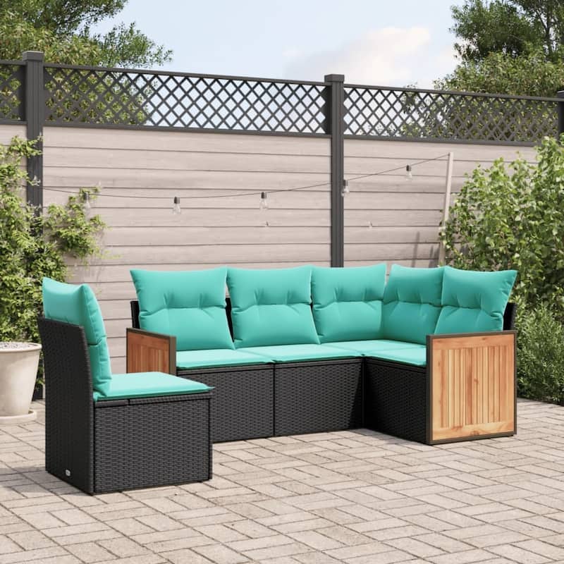 vidaXL 5 Piece Patio Sofa Set with Cushions Black Poly Rattan - 21.7x27.2x24.4-Without table