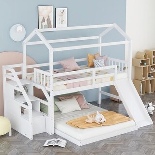 Staircase Twin over Full House Bunk Bed with Convertible Slide - Bed ...