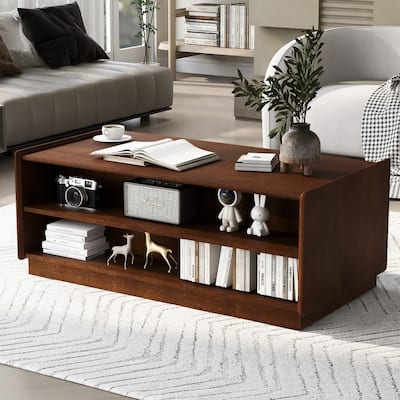 Modern Rectangle Coffee Table with 4 Drawers and 2 Display Shelves, 47.2" Wood Coffee Table with Fluted Style