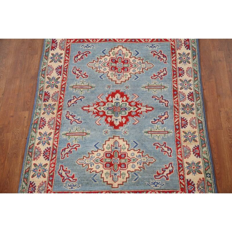 Light Blue Geometric Kazak Oriental Rug Hand-Knotted Wool Carpet - 3'4"x 4'10"