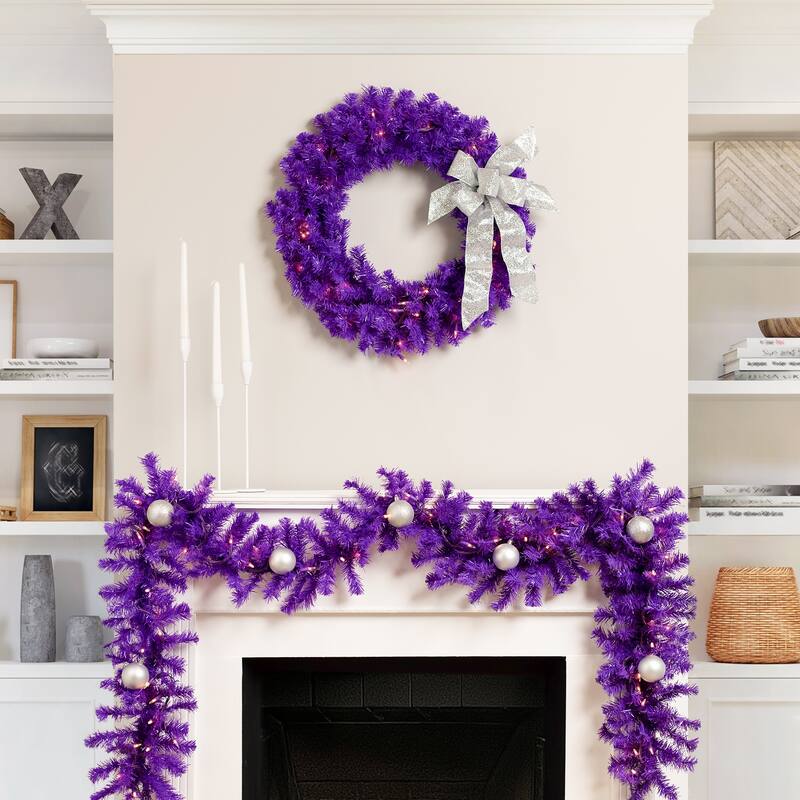 Pre-Lit Artificial Pine Christmas Garland - 9' - Purple - Clear Lights