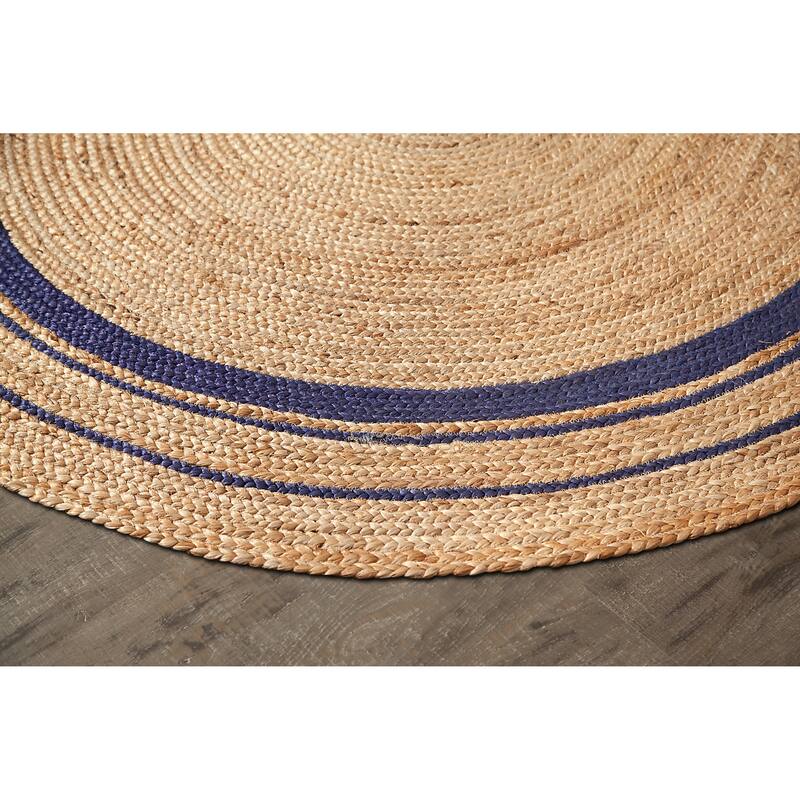 Jani Tara Blue Rings Jute Rug - Kerala Midnite Design, 8' Feet, Natural/Gray Area Rug
