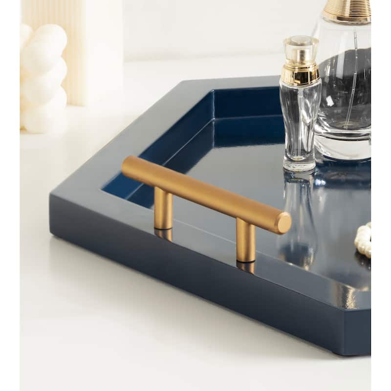 Halsey Hexagon Decorative Wood Tray with Polished Metal Handles