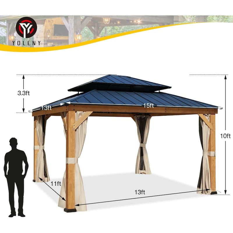 Cedar Wood Gazebo for Outdoors - Hardtop Waterproof Backyard Pergola, Natural Wood Patio Cover with Easy Assembly