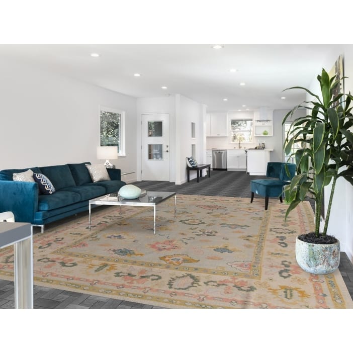 Hand Knotted Oriental 100% Wool Carpet Transitional All-Over Beige & Ivories Oushak Area Rug - 13' 2'' X 9' 5''