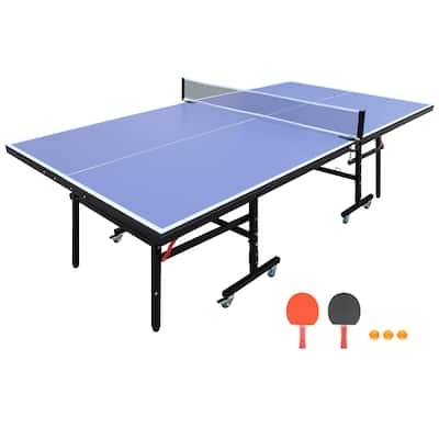 Roomfitters 8ft Indoor Table Tennis Table, Foldable & Portable Ping Pong Set with Net, 2 Bats and 3 Balls, Blue