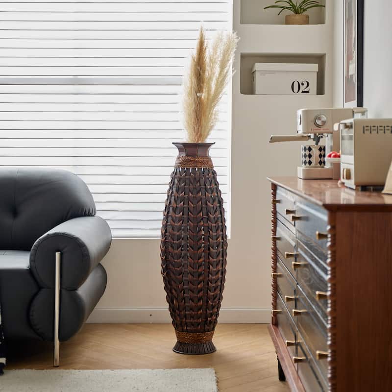39-Inch Tall Hand-Woven Bamboo Floor Vase - For Dried Or Silk Flower Arrangements
