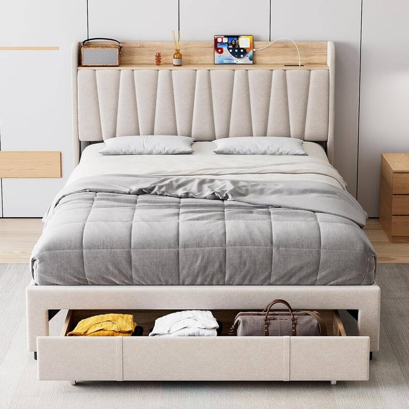 Upholstered Platform Bed with Charging Headboard, Storage Drawers