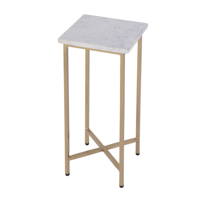 HomeRoots 21" White and Gold Distressed Marble and Iron Square End Table - 9.00 in. x 21.00 in. x 9.00 in.