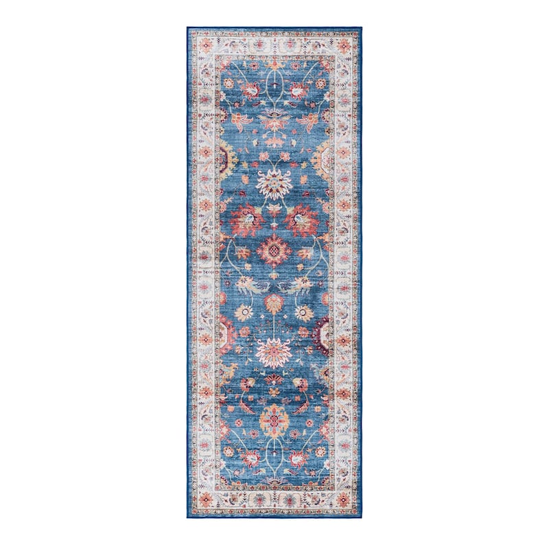 Gertmenian Crystal Print Washable Digital Printed Flat Pile Polyester Slip Resistant Area Rug Collection - 2' 2" x 6' - Cullen Blue/Tan