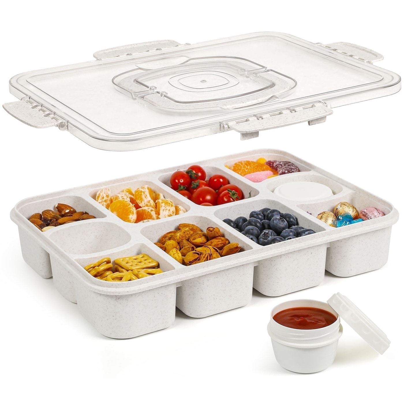 10-Compartment Leak-Proof Snack Tray with Lid, Handle & Sauce Cups - Dishwasher Safe BPA-Free