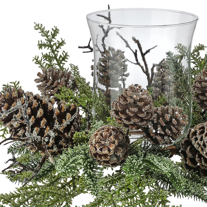 22" Iced Northwoods Evergreen Pinecone Hurricane Centerpiece