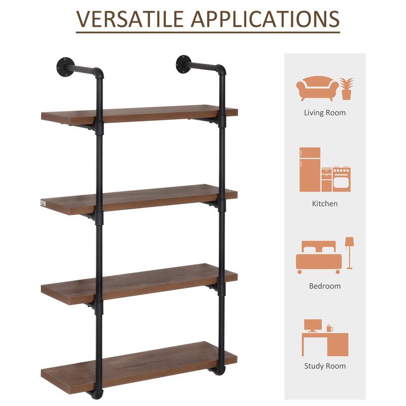 HOMCOM Industrial Pipe Style Shelf Multi-Tier Wall-Mounted Utility Bookcase Floating Storage Rack with Metal Frame, Rustic Brown