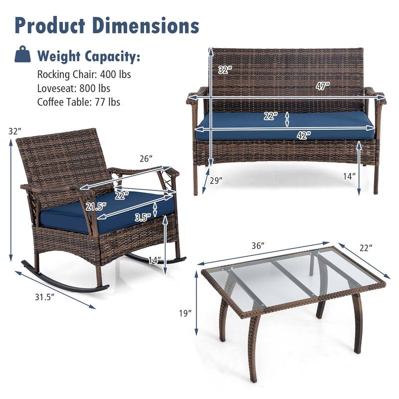 Gymax Set of 4 Wicker Rocking Set w/ Loveseat & Coffee Table
