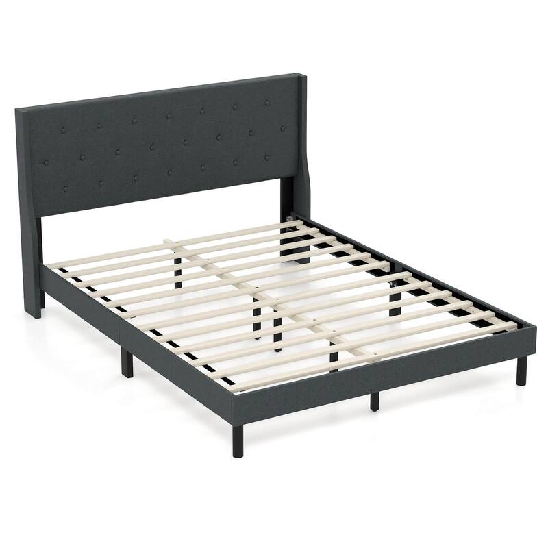 Costway Queen Size Bed Frame Linen Upholstered Mattress Foundation - Dark Gray - Queen