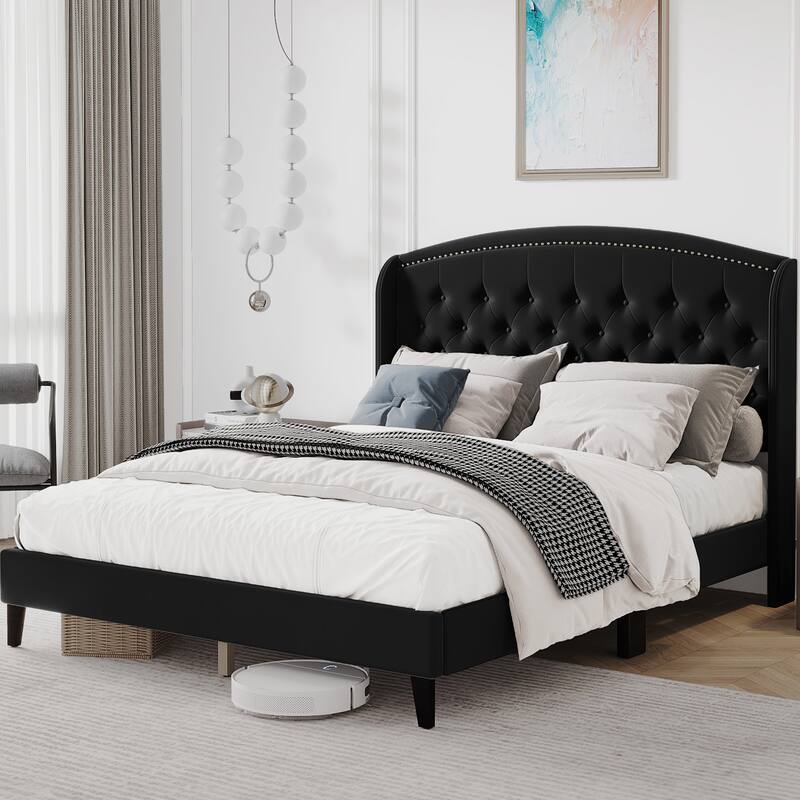 Platform Bed Frame Full with Upholstered Wingback Headboard