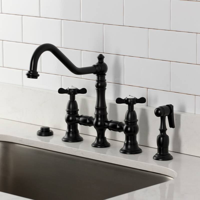 Kingston Brass Essex Two-Handle 4-Hole Deck Mount Bridge Kitchen Faucet with Brass Side Sprayer