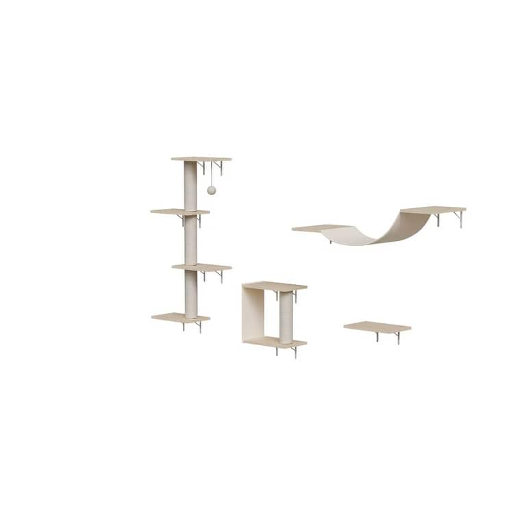 4pcs Modern Wall-Mounted Cat Furniture - Natural Wood - Natural Wood