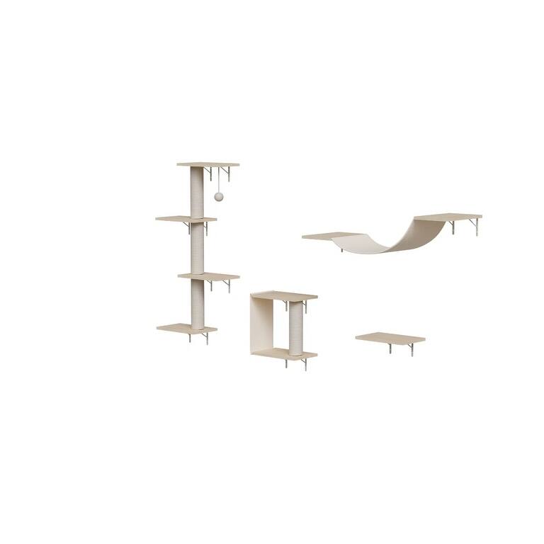 Wall Mounted Cat Furniture Set of 4 with Scratching Post and Plush Bed - Natural Wood