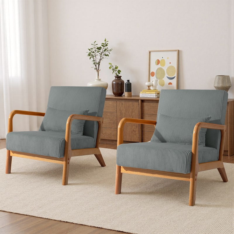 25" W Mid Century Upholstered Wood Accent Chair with Pillow set of 2 - Dark Wood - Grey