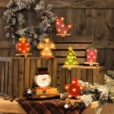 Glitzhome Christmas Marquee LED Star Snowman Gift Box Stocking Holders Mantel Ornament