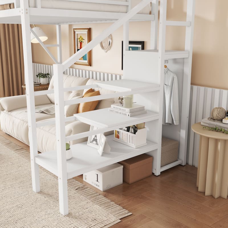 Metal Loft Bed with Wooden Stairs Built-in Storage Shelves and Wardrobe, High Loft Bed Frame with Side Grid Storage Rack