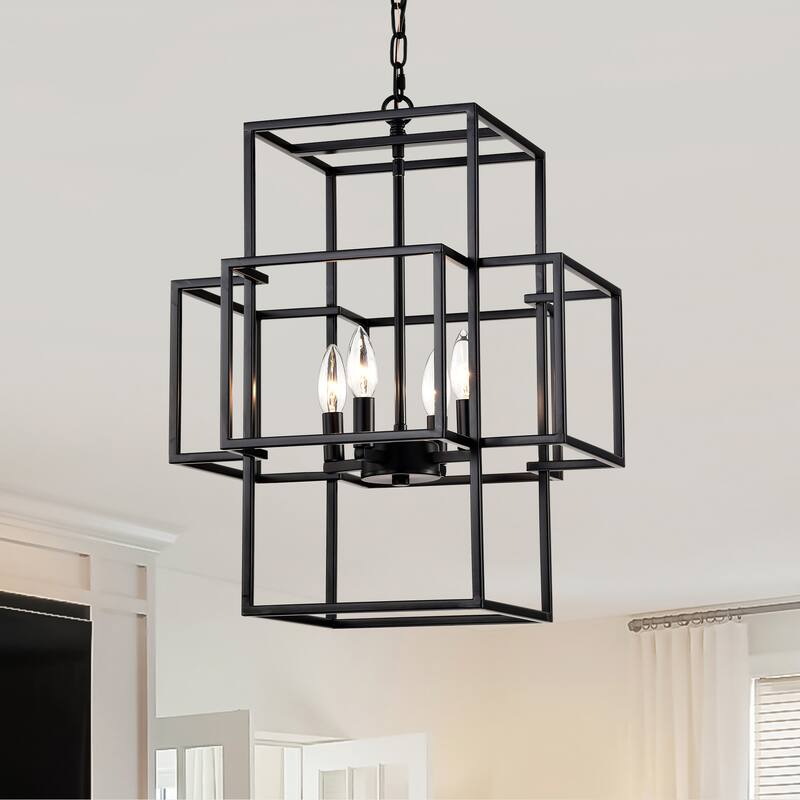 Industrial 4-Light Farmhouse Lantern Chandelier, Adjustable Height, for Dining Room and Kitchen, E12 Bulbs Not Included