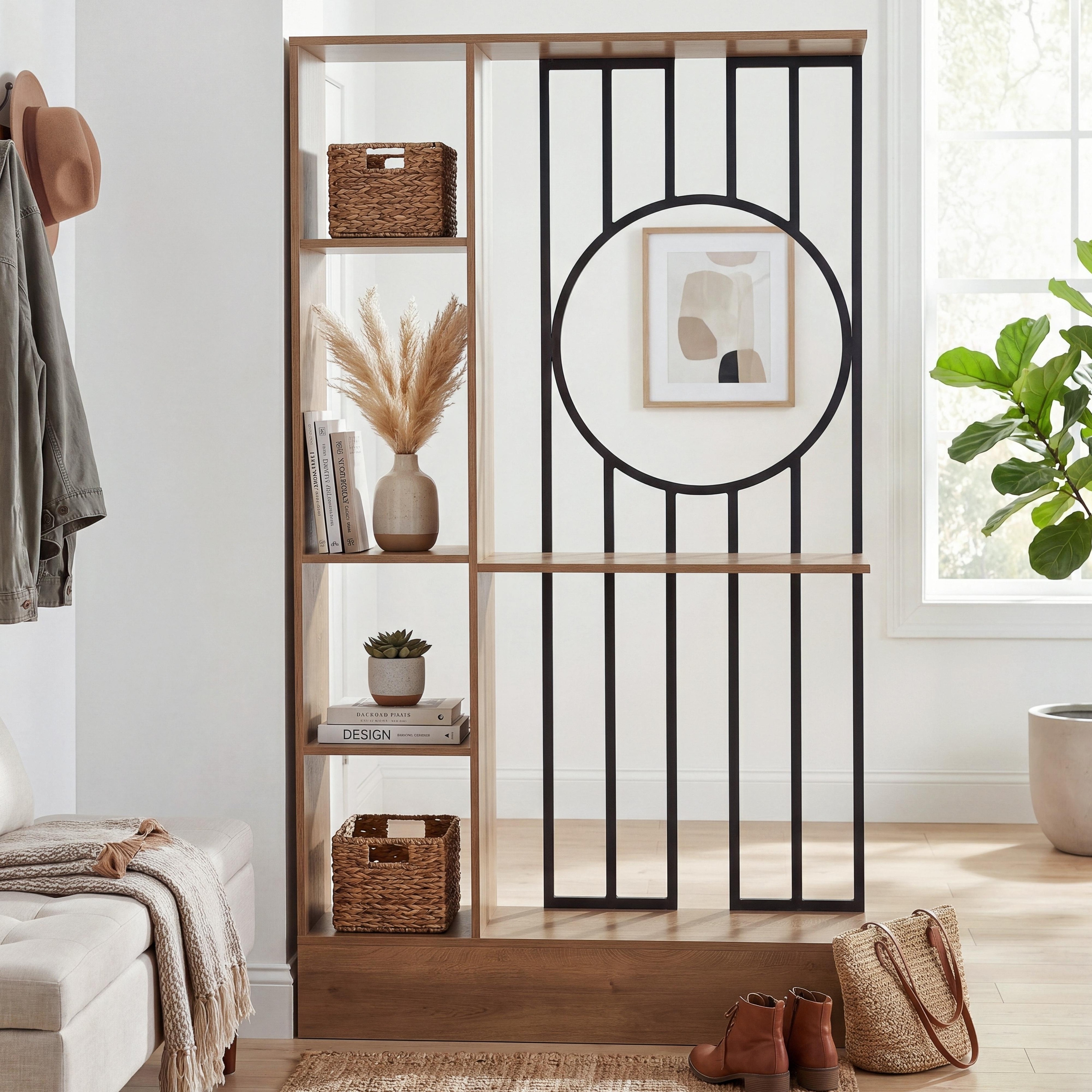 Freestanding Room Divider with Storage, 70.9" H Partition Screen with Round Metal Frame for Entryway & Living Room