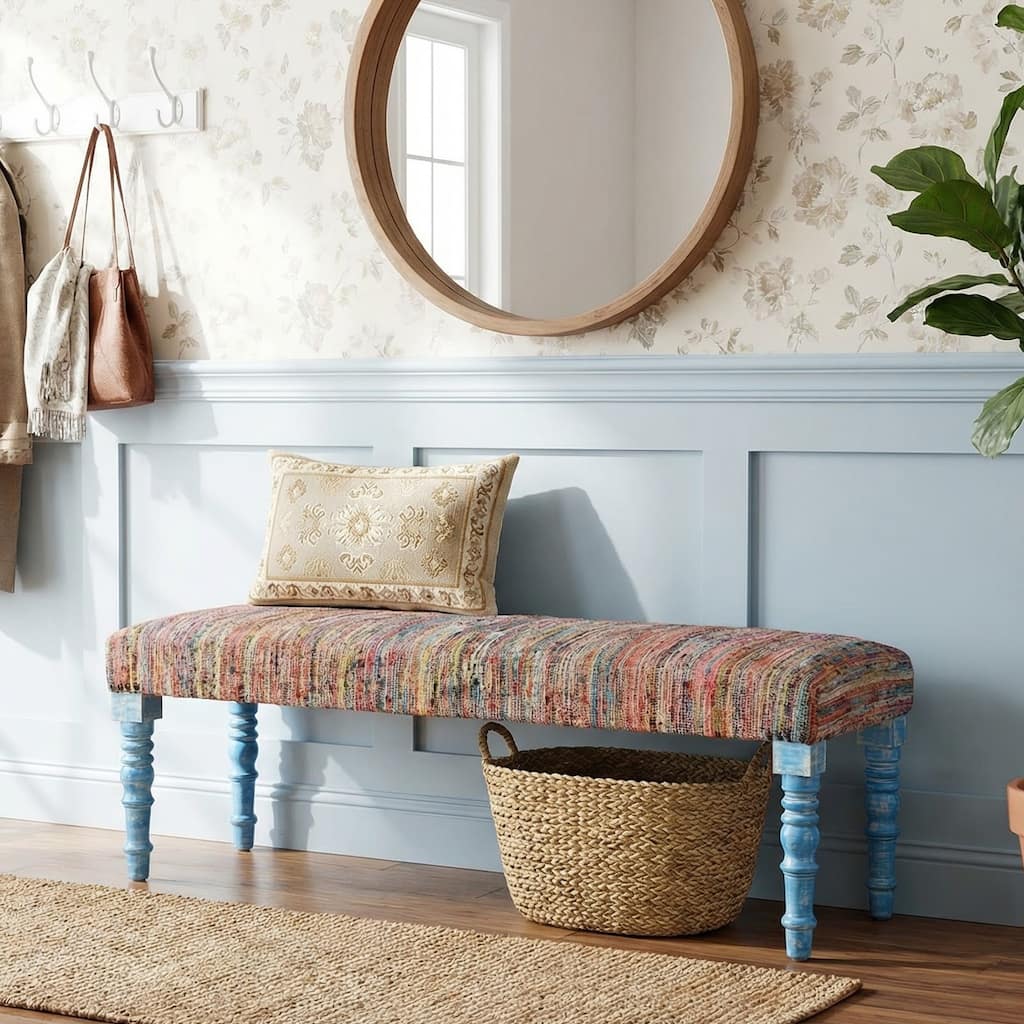 Sevita Colorful Chindi Bench with Blue Legs16"W x 47"L x 18"H