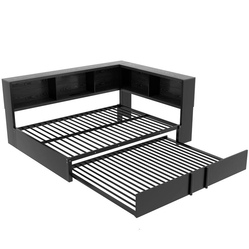 Full Size Metal Daybed with Trundle, Storage Cabinets, and USB Ports in Black