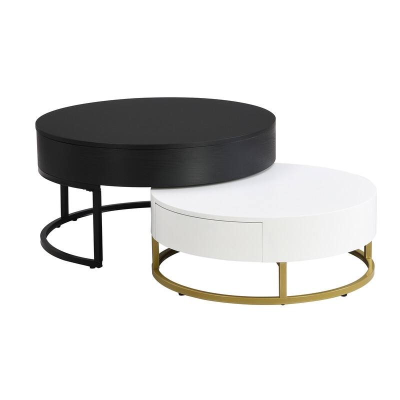 Lift Top Coffee Table, Round Coffee Table with 2 Drawers, Nesting Coffee Table Set of 2, End