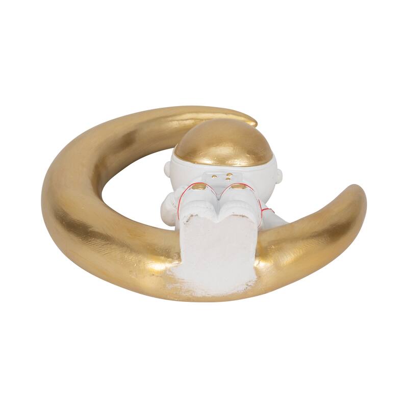 Sagebrook Home Polyresin 7" Space Man on Crescent Moon Figurine in White and Gold - 7" x 3" x 7"