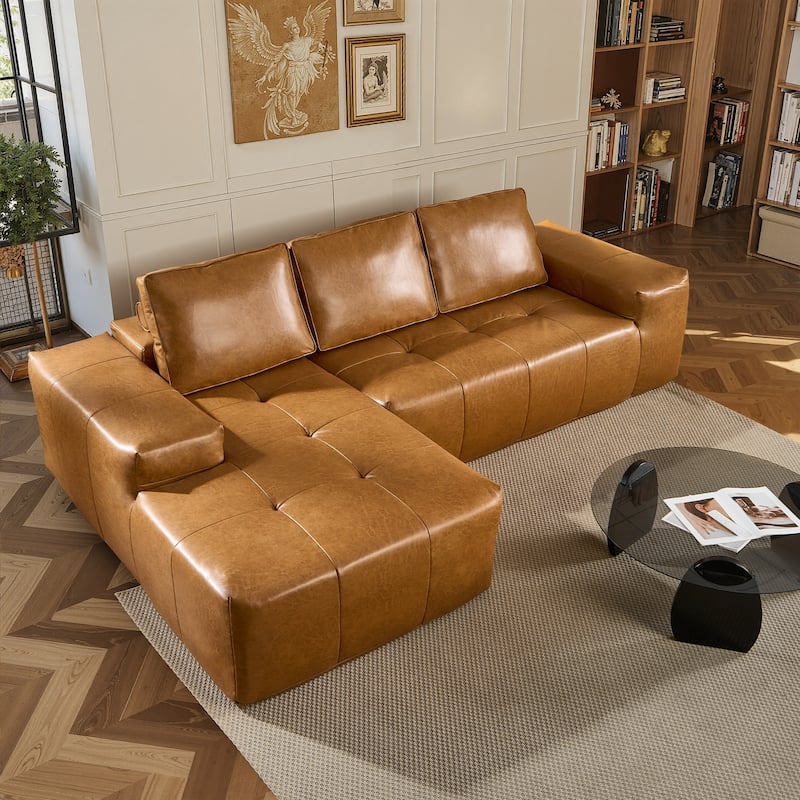 HOOOWOOO Mid-Century Modern Upholstery Fabric L-shaped Sectional Sofa - Left Chaise-Brown